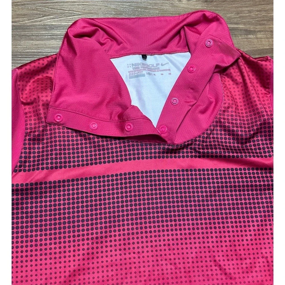 Nike Golf Tour Performance Women Pink Dot Print Snap Polo Mock Neck Shirt Sz XL